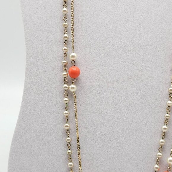 Vintage Gold Tone Double Strand Necklace Faux Pearls Coral Beads - Picture 3 of 5